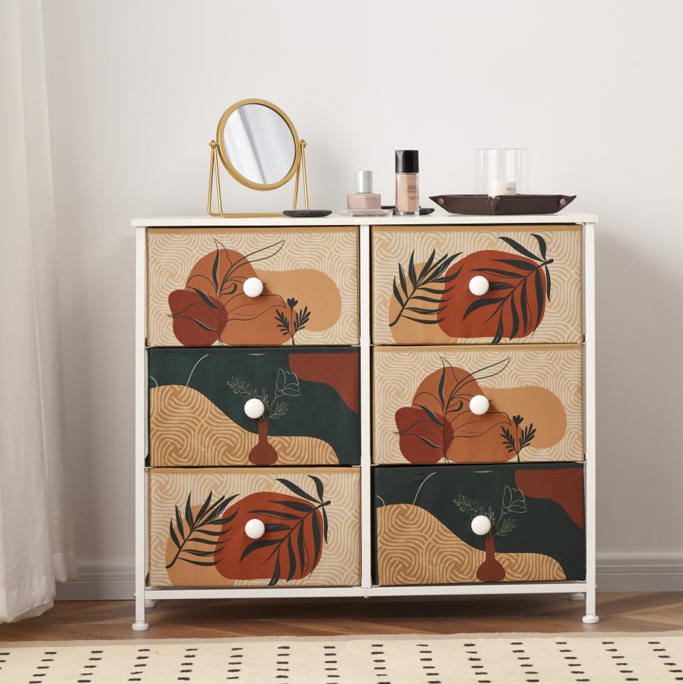 EnHomee Dresser, Cute Dresser for Bedroom, Small Dressers for Bedroom, 6 Drawer Dresser for Closet, Boho Dresser with Fabric Drawers, Bedroom Dressers & Chests of Drawers, Wooden Top