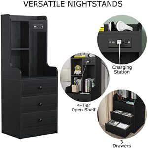 Black Modern Nightstand with Charging Station, Tall End Table for Bedroom Living Room, Bed Side Table/Night Stand with 3 Drawers, Bedside Table with Storage Shelf