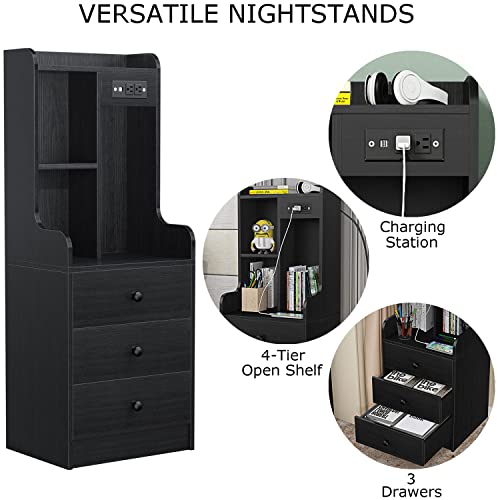 Black Modern Nightstand with Charging Station, Tall End Table for Bedroom Living Room, Bed Side Table/Night Stand with 3 Drawers, Bedside Table with Storage Shelf