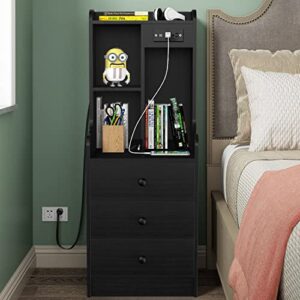 Black Modern Nightstand with Charging Station, Tall End Table for Bedroom Living Room, Bed Side Table/Night Stand with 3 Drawers, Bedside Table with Storage Shelf