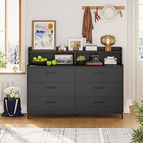 Hasuit 6 Drawers Double Dresser with Shelves, Large Wooden Storage Tower Organizer, Wide Chest of Drawers, Black Dresser for Bedroom, Living Room, Entryway