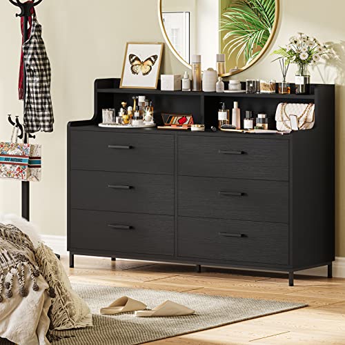 Hasuit 6 Drawers Double Dresser with Shelves, Large Wooden Storage Tower Organizer, Wide Chest of Drawers, Black Dresser for Bedroom, Living Room, Entryway