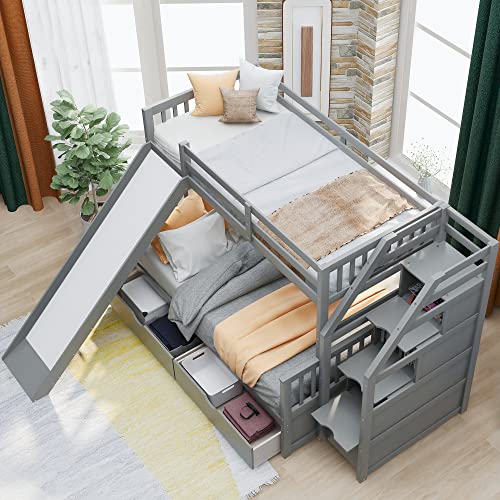 ERDAYE Multifunction Stairway Twin Over Full Bunk Bed Frame with Drawers and Slide for Children, Teens, Adults, Boys & Girls Bedroom Wood Bedframe w/Storage Staircase, No Box Spring Needed, Gray