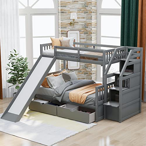 ERDAYE Multifunction Stairway Twin Over Full Bunk Bed Frame with Drawers and Slide for Children, Teens, Adults, Boys & Girls Bedroom Wood Bedframe w/Storage Staircase, No Box Spring Needed, Gray