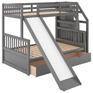 ERDAYE Multifunction Stairway Twin Over Full Bunk Bed Frame with Drawers and Slide for Children, Teens, Adults, Boys & Girls Bedroom Wood Bedframe w/Storage Staircase, No Box Spring Needed, Gray