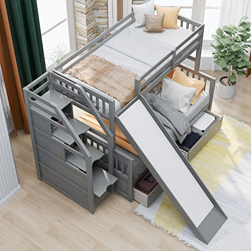 ERDAYE Multifunction Stairway Twin Over Full Bunk Bed Frame with Drawers and Slide for Children, Teens, Adults, Boys & Girls Bedroom Wood Bedframe w/Storage Staircase, No Box Spring Needed, Gray