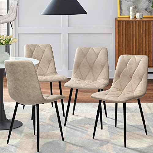 SunsGrove Set of 4 Retro Kitchen Dining Chairs with Upholstered Cushion and High Backrest, Matte Faux Leather Suede Chairs for Dining Room, Living Room, Bedroom Side Chairs (Beige)