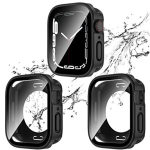 2 pack 2 in 1 waterproof case for apple watch series se se2 6 5 4 44mm, straight edge pc front & back bumper with tempered glass screen protector 360 protective cover for iwatch (44mm, black/black)