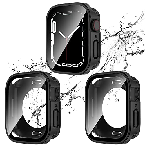 2 Pack 2 in 1 Waterproof Case for Apple Watch Series SE SE2 6 5 4 44mm, Straight Edge PC Front & Back Bumper with Tempered Glass Screen Protector 360 Protective Cover for iWatch (44mm, Black/Black)