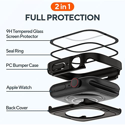 2 Pack 2 in 1 Waterproof Case for Apple Watch Series SE SE2 6 5 4 44mm, Straight Edge PC Front & Back Bumper with Tempered Glass Screen Protector 360 Protective Cover for iWatch (44mm, Black/Black)