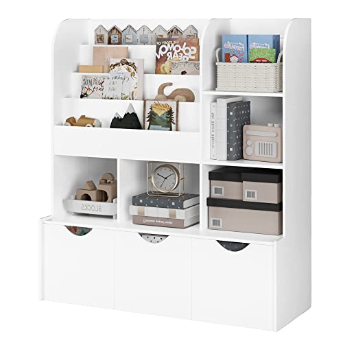 FOTOSOK 47'' Kids Bookcase and Bookshelf, Multifunctional Bookcase with 5 Storage Cubbies and 3 Movable Drawers, Bookcase Display Stand, Toy Storage Organizer for Bedroom, Playroom, Hallway, White