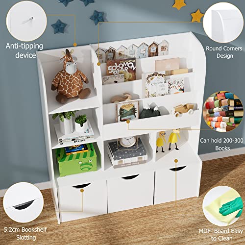 FOTOSOK 47'' Kids Bookcase and Bookshelf, Multifunctional Bookcase with 5 Storage Cubbies and 3 Movable Drawers, Bookcase Display Stand, Toy Storage Organizer for Bedroom, Playroom, Hallway, White