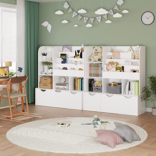 FOTOSOK 47'' Kids Bookcase and Bookshelf, Multifunctional Bookcase with 5 Storage Cubbies and 3 Movable Drawers, Bookcase Display Stand, Toy Storage Organizer for Bedroom, Playroom, Hallway, White