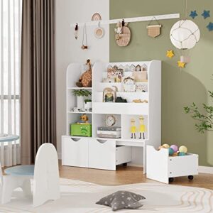 FOTOSOK 47'' Kids Bookcase and Bookshelf, Multifunctional Bookcase with 5 Storage Cubbies and 3 Movable Drawers, Bookcase Display Stand, Toy Storage Organizer for Bedroom, Playroom, Hallway, White