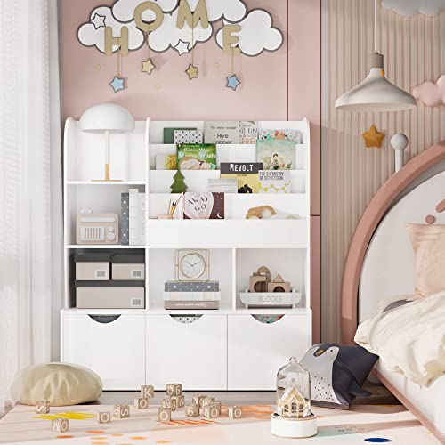 FOTOSOK 47'' Kids Bookcase and Bookshelf, Multifunctional Bookcase with 5 Storage Cubbies and 3 Movable Drawers, Bookcase Display Stand, Toy Storage Organizer for Bedroom, Playroom, Hallway, White