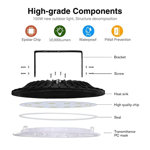 UFO LED High Bay Light 100W, High Bay LED Shop Lights, 10000LM 6000K Commercial Bay Lighting, IP65 Warehouse LED Lights Warehouse Area Light, UFO LED Light Indoor for Garage Workshop