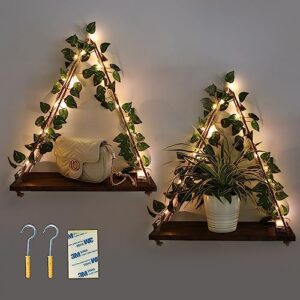 artificial ivy led-strip wall hanging shelves set of 2, hanging plant shelf, macrame wall hanging shelf, wood hanging plant shelves for bedroom bathroom living room kitchen for wall decoration