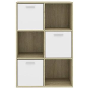 GOLINPEILO Bookcase Storage Organizer Cabinet with 3 Open Cubes and 3 Cubes with Doors, Open Sideboard Bookshelf, Modern Storage Display Cabinet, 23.6"x11.6"x35.4", White and Sonoma Oak