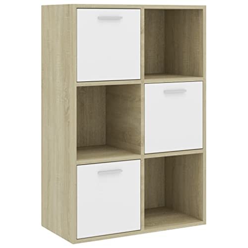 GOLINPEILO Bookcase Storage Organizer Cabinet with 3 Open Cubes and 3 Cubes with Doors, Open Sideboard Bookshelf, Modern Storage Display Cabinet, 23.6"x11.6"x35.4", White and Sonoma Oak