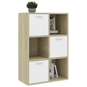 GOLINPEILO Bookcase Storage Organizer Cabinet with 3 Open Cubes and 3 Cubes with Doors, Open Sideboard Bookshelf, Modern Storage Display Cabinet, 23.6"x11.6"x35.4", White and Sonoma Oak