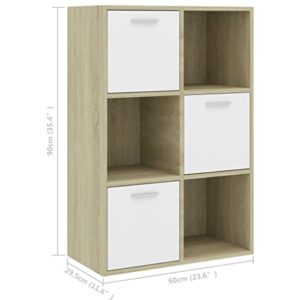 GOLINPEILO Bookcase Storage Organizer Cabinet with 3 Open Cubes and 3 Cubes with Doors, Open Sideboard Bookshelf, Modern Storage Display Cabinet, 23.6"x11.6"x35.4", White and Sonoma Oak