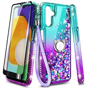 NZND Compatible with Samsung Galaxy A14 5G Case with Tempered Glass Screen Protector (Maximum Coverage), Ring Holder/Wrist Strap, Glitter Liquid Floating Waterfall Durable Cute Case (Aqua/Purple)