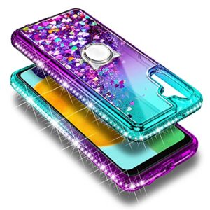 NZND Compatible with Samsung Galaxy A14 5G Case with Tempered Glass Screen Protector (Maximum Coverage), Ring Holder/Wrist Strap, Glitter Liquid Floating Waterfall Durable Cute Case (Aqua/Purple)