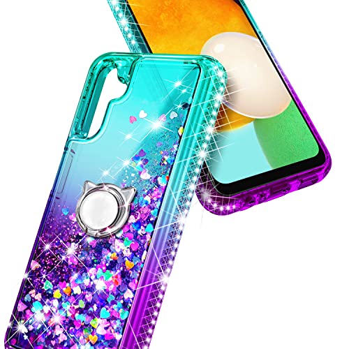 NZND Compatible with Samsung Galaxy A14 5G Case with Tempered Glass Screen Protector (Maximum Coverage), Ring Holder/Wrist Strap, Glitter Liquid Floating Waterfall Durable Cute Case (Aqua/Purple)