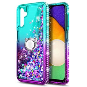 NZND Compatible with Samsung Galaxy A14 5G Case with Tempered Glass Screen Protector (Maximum Coverage), Ring Holder/Wrist Strap, Glitter Liquid Floating Waterfall Durable Cute Case (Aqua/Purple)