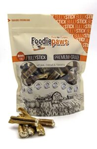foodiepaws all natural bully sticks bites odor free usa packed for medium, large dogs 100% free range grass fed beef single ingredient dental dog chews 1lb 1 count (pack of 1)
