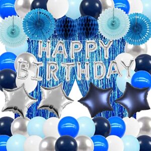 blue birthday decorations navy blue party supplies silver happy birthday banner blue balloons foil fringe curtain bday decor men women boys girls 13th sweet 16 18th 21st 25th 30th 40th 50th 60th 70th