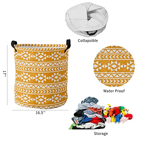 Laundry Basket Hamper with Handles, Modern Abstract Boho Collapsible Laundry Basket Waterproof Cloth Laundry Hamper Easy Carry Storage Basket 16.5x17 In Ethnic Toems Texture Yellow