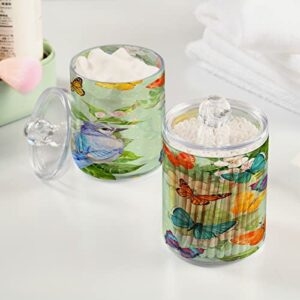 Kigai Butterflies & Bird Qtip Holder - 14OZ Clear Plastic Apothecary Jars Bathroom Canister Dispenser Organizer Vanity Storage Jar with Lid for Cotton Ball, Cotton Swab, Floss (2PACK)