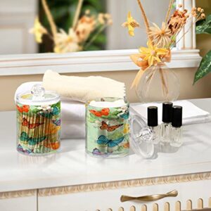 Kigai Butterflies & Bird Qtip Holder - 14OZ Clear Plastic Apothecary Jars Bathroom Canister Dispenser Organizer Vanity Storage Jar with Lid for Cotton Ball, Cotton Swab, Floss (2PACK)
