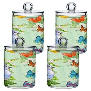 Kigai Butterflies & Bird Qtip Holder - 14OZ Clear Plastic Apothecary Jars Bathroom Canister Dispenser Organizer Vanity Storage Jar with Lid for Cotton Ball, Cotton Swab, Floss (2PACK)