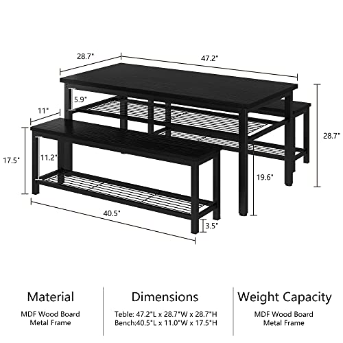 AWQM Dining Room Table Set, Kitchen Table Set with 2 Benches, Ideal for Home, Kitchen and Dining Room, Breakfast Table of 47.2x28.7x28.7 inches, Benches of 40.5x11.0x17.5 inches, Black