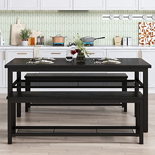 AWQM Dining Room Table Set, Kitchen Table Set with 2 Benches, Ideal for Home, Kitchen and Dining Room, Breakfast Table of 47.2x28.7x28.7 inches, Benches of 40.5x11.0x17.5 inches, Black