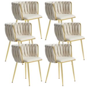 tsuysi velvet dining chairs set of 6, modern dining chair with golden metal legs, woven upholstered dining chairs for dining room, kitchen, vanity, living room (beige)