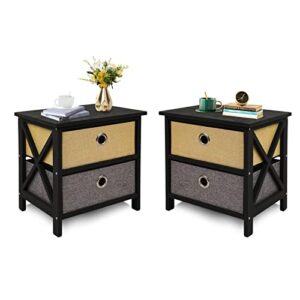 no more tag nightstand with 3 fabric drawers, wood nightstand side tables for bedroom small place nursery closet, sturdy and stable bedroom nightstands with x-shaped wood frame