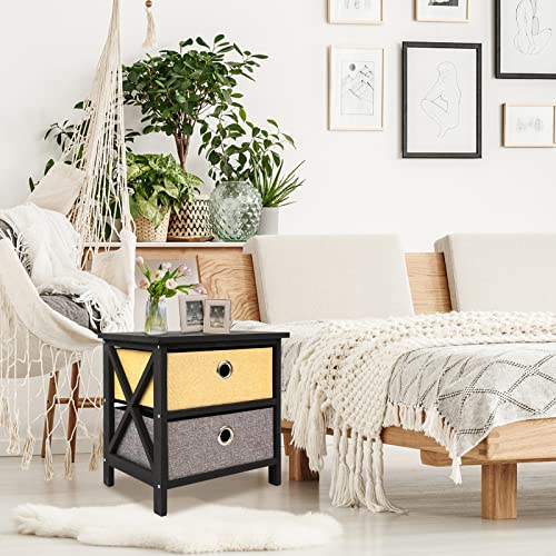 NO MORE TAG Nightstand with 3 Fabric Drawers, Wood Nightstand Side Tables for Bedroom Small Place Nursery Closet, Sturdy and Stable Bedroom Nightstands with X-Shaped Wood Frame
