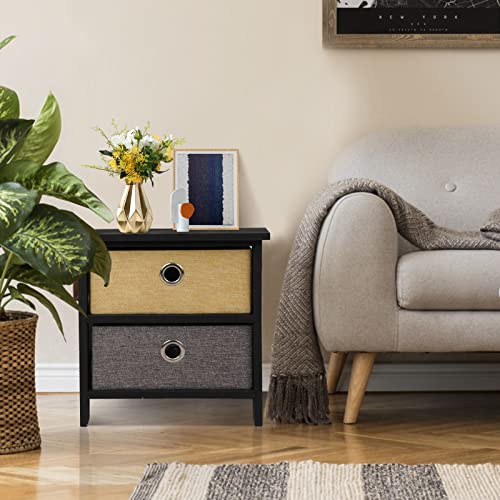 NO MORE TAG Nightstand with 3 Fabric Drawers, Wood Nightstand Side Tables for Bedroom Small Place Nursery Closet, Sturdy and Stable Bedroom Nightstands with X-Shaped Wood Frame