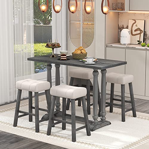 5-Piece Rustic Dining Table Set with 4 Upholstered Stools, Counter Height Kitchen Furniture, 5-Piece Dining Table Set for Kitchen, Dining Room (Gray)