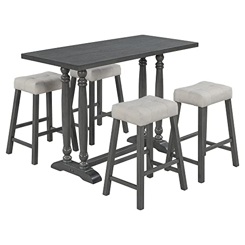 5-Piece Rustic Dining Table Set with 4 Upholstered Stools, Counter Height Kitchen Furniture, 5-Piece Dining Table Set for Kitchen, Dining Room (Gray)