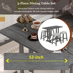 5-Piece Rustic Dining Table Set with 4 Upholstered Stools, Counter Height Kitchen Furniture, 5-Piece Dining Table Set for Kitchen, Dining Room (Gray)