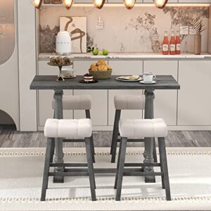 5-Piece Rustic Dining Table Set with 4 Upholstered Stools, Counter Height Kitchen Furniture, 5-Piece Dining Table Set for Kitchen, Dining Room (Gray)