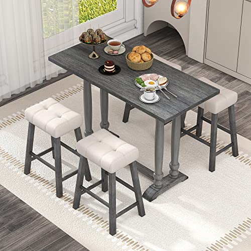 5-Piece Rustic Dining Table Set with 4 Upholstered Stools, Counter Height Kitchen Furniture, 5-Piece Dining Table Set for Kitchen, Dining Room (Gray)