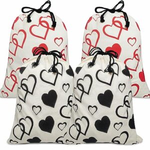 tieumioe 4 pieces large canvas hearts gift bags with drawstring 15.7x19.6in, cloth reusable storage present bag for christmas halloween valentine bridal shower birthday wedding mothers day anniversary
