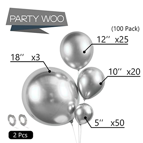 PartyWoo Metallic Silver Balloons 100 pcs and Disco Silver Foil Balloons 6 pcs