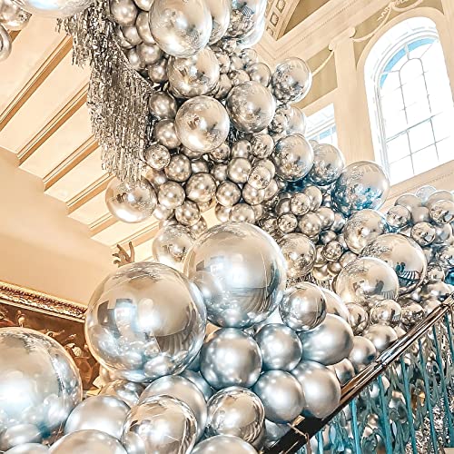 PartyWoo Metallic Silver Balloons 100 pcs and Disco Silver Foil Balloons 6 pcs