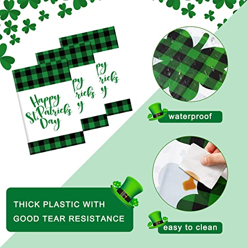 Whaline 3Pcs St. Patrick's Day Disposable Tablecloth Green Black Buffalo Plaid Shamrock Pattern Rectangle Plastic Table Cover Irish Holiday Table Cloth for Picnic Dinner Table Decor, 54 x 108 Inch